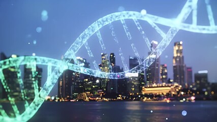 Futuristic DNA helix design superimposed over a cityscape at night. - Powered by Adobe