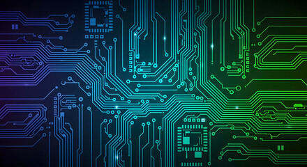 Circuit Board Technology: An intricate circuit board glows with vibrant lines, reflecting the complex network of modern technology. Illustrating the interconnectedness and innovation.