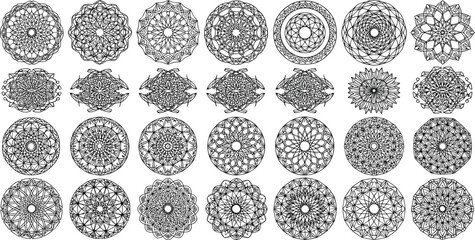 Complex mandala set with circular geometric patterns, intricate black and white line art, symmetrical decorative designs, floral vector motifs, detailed ornamental shapes, flat vector illustration