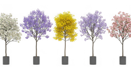 Collection of colorful flowering trees in pots isolated on transparent background for architectural visualization and decoration