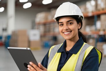 A cheerful female warehouse worker smiles brightly while actively using a tablet inside a busy storage facility