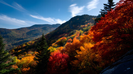 A captivating autumn view with a mountain slope coveed in colorful red, yellow and orange leaves, beneat a brilliant clear blue sk.