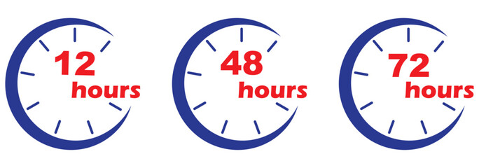 Black and white clock icons showing 7, 12, 24, 48, and 72 hour turnaround times. Watch and stopwatch, clock and alarm. Fast delivery and shipping stickers. Vector illustrations. Eps 10 