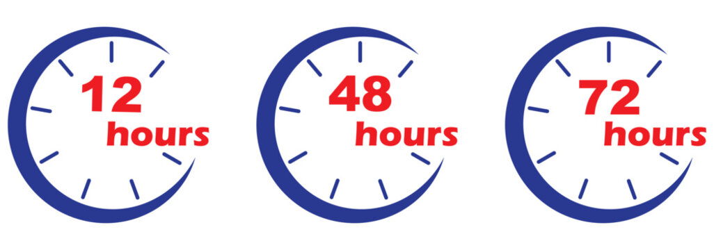 Black and white clock icons showing 7, 12, 24, 48, and 72 hour turnaround times. Watch and stopwatch, clock and alarm. Fast delivery and shipping stickers. Vector illustrations. Eps 10 