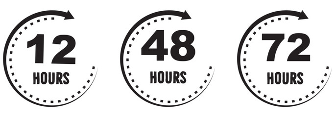 12, 24, 48 and 72 hours clock arrow icon isolated on white background. EPS 10