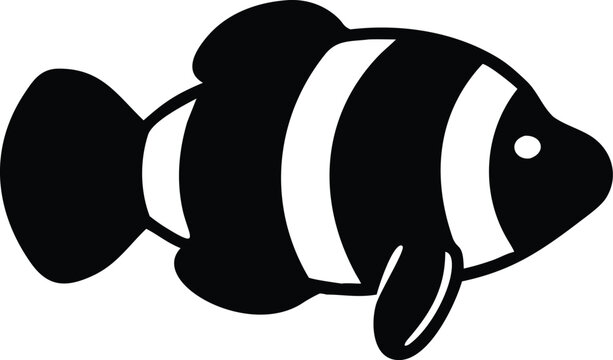 Black and white silhouette of a clownfish with distinctive orange and white stripes, swimming to the right