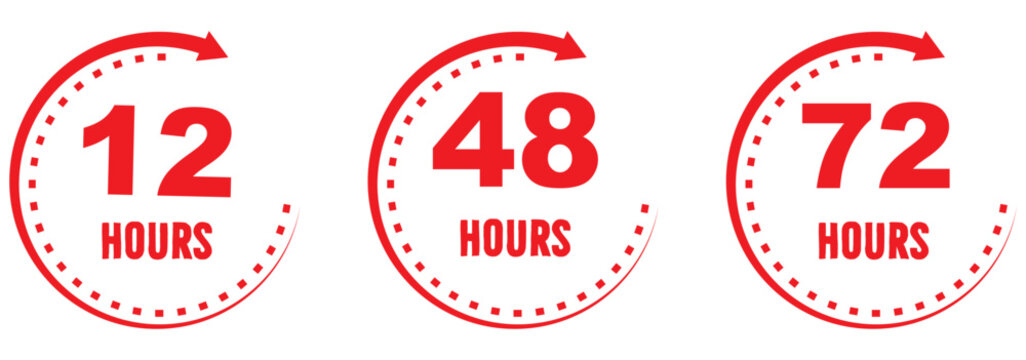 Set Blue clock icons with 12, 24, 48, and 72 hours, modern timer and deadline symbols for delivery, shipping, express service, schedule, countdown, business. EPS 10