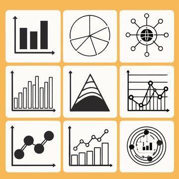 Nine black and white graphic icons of various data charts and graphs on a light cream background bar chart
