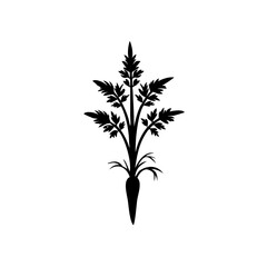 Black silhouette of a carrot with elaborate foliage, food illustration