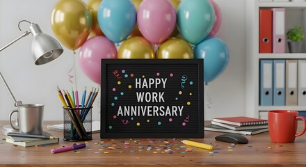 Black framed Happy Work Anniversary sign on desk with colorful balloons, office party atmosphere, 4K image.
