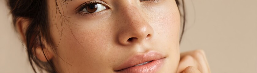 Close-up portrait of a person's face, showcasing healthy, soft skin tones and delicate features.  The neutral background enhances the subject's radiant complexion.
