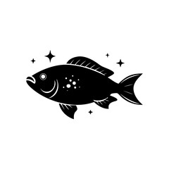 Elegant Black and White Fish Silhouette with Sparkling Stars Graphic Design