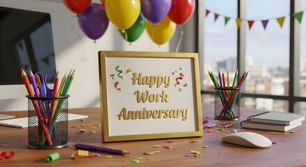 Happy Work Anniversary text in white gold frame with balloons and festive office decor, perfect for employee appreciation, 4K image