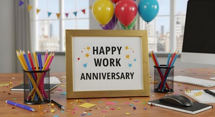 Elegant gold framed Happy Work Anniversary sign with balloons and festive decorations in office setting, 4K image