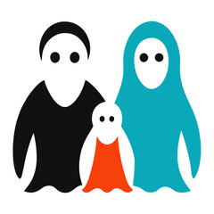 Stylized family of three with abstract figures and bold colors