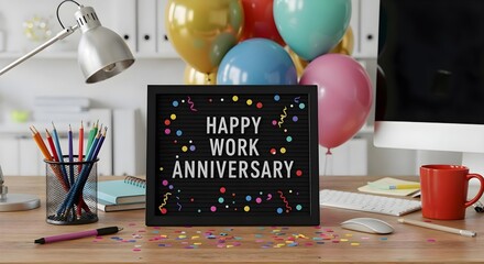 Black framed Happy Work Anniversary sign on desk with colorful balloons, office party atmosphere, 4K image.