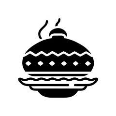 Stylized steamed dumpling icon with decorative designs on a plate, black silhouette