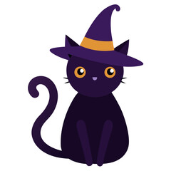 Cute black cat wearing a purple witch hat for halloween