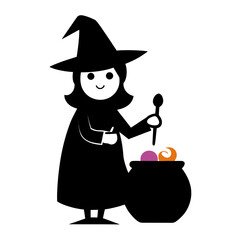 Cute cartoon witch stirring a cauldron with colorful ingredients