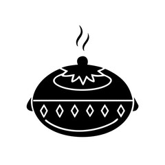 Black and white illustration of a covered dish with steam rising