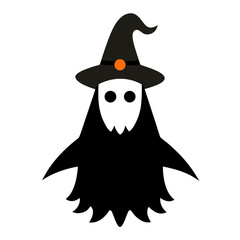 Cute halloween ghost wearing a witch hat with orange accent