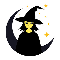 Cute witch character with crescent moon and stars illustration