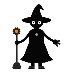 Cute black witch character with magic wand and broom