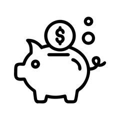 Black and white outline illustration of piggy bank with dollar coin on top