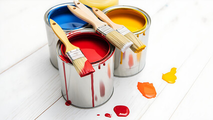Red blue and yellow paint cans with brushes and drips paint brushes red paint