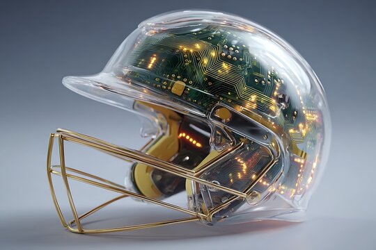 Innovative cricket helmet with glowing circuit board design for cutting-edge technology and sports visuals