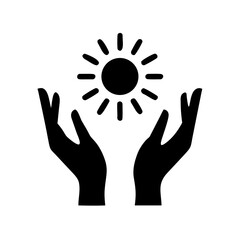 Black silhouette of two hands reaching for a sun, conveying hope