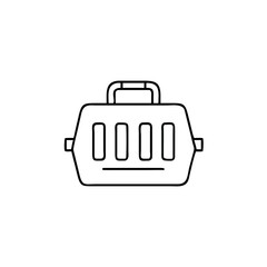 Simple line drawing of a pet carrier with handle and ventilation slots