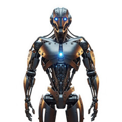 Fototapeta premium Advanced mechanical robot cyborg with glowing blue eyes and intricate details standing prominently transparent background