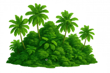 Verdant tropical island landscape featuring dense palm tree grove and lush green vegetation, showcasing pristine natural environment with transparent background potential