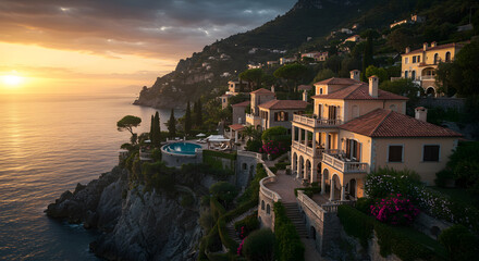 Luxury villas ocean view sunset amalfi coast italy travel destination vacation home mediterranean architecture