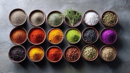 Professional flat lay of vibrant culinary spices and herbs in small bowls.