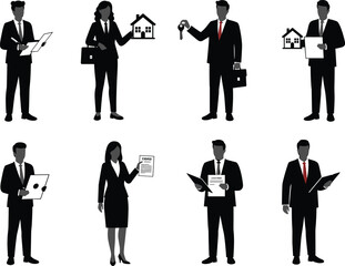 Business professionals reviewing documents, real estate agents holding house models, office workers analyzing contracts, corporate people in formal suits illustration set