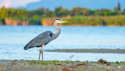 Heron on riverbank, tranquil scene