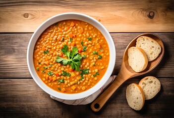 A bowl of lentil soup on a wooden table.