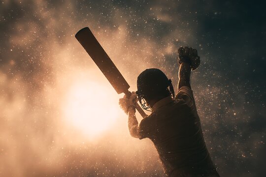 Dynamic cricket player celebrating victory with bat in hand under dramatic golden light and swirling dust