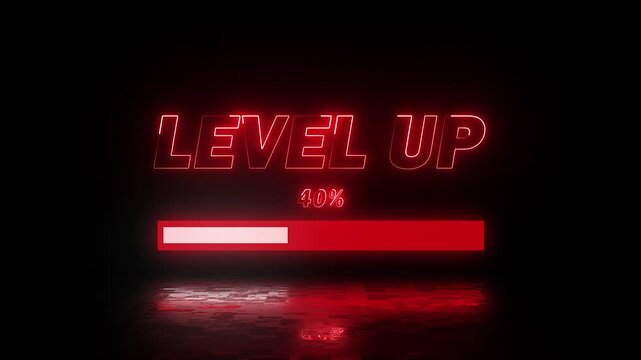 level up neon bright text font along with a loading bar in red color 4k video animation. Neon level up sign and upper Level . next Level text animation. next level neon title Laser