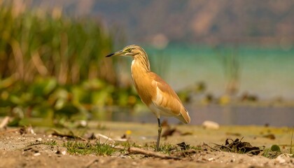 Heron on the shore of a lake