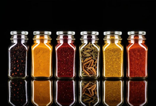 A glass jar filled with spices on a black surface.