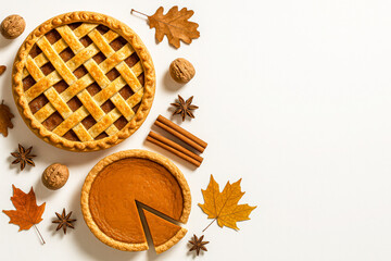 Top view of two traditional Thanksgiving pies — classic pumpkin pie with a slice cut and golden lattice pie — surrounded by autumn leaves, cinnamon sticks, walnuts, star anise on a white background