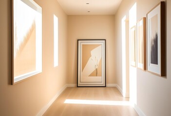 A long hallway with a bench and pictures on the wall.