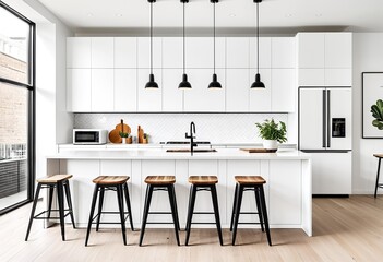A modern kitchen with white cabinets and black stools.
