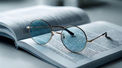 Stylish blue-tinted glasses resting on an open book, ideal for education, reading, and intellectual themes.