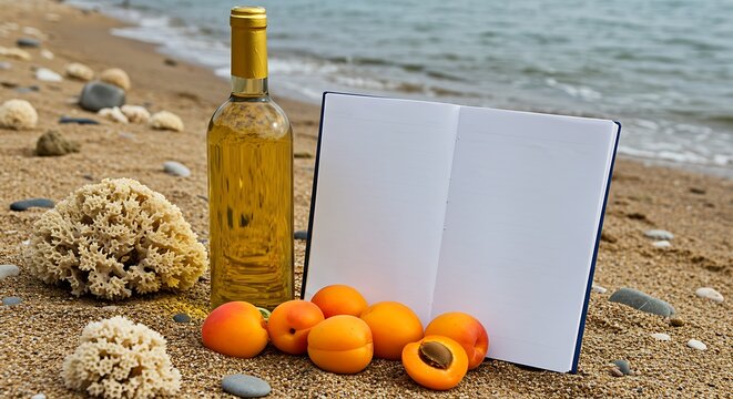 Coastal relaxation composition with wine apricot sponge notebook and serene ocean backdrop
