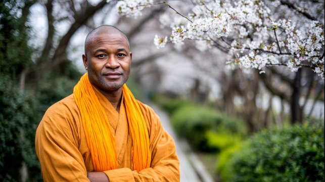 A calm monk in an orange robe stands with arms crossed amidst cherry blossoms, perfect for spirituality, peace, and nature themes.