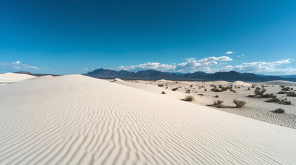 The desert landscape features white sand dunes, sparse green shrubs, and dark mountain ranges, with crisp lighting capturing the dry, serene atmosphere of the desert.